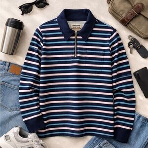 Lands' End Stripes Quarter zip Pullover Navy blue Preppy classic sz S
